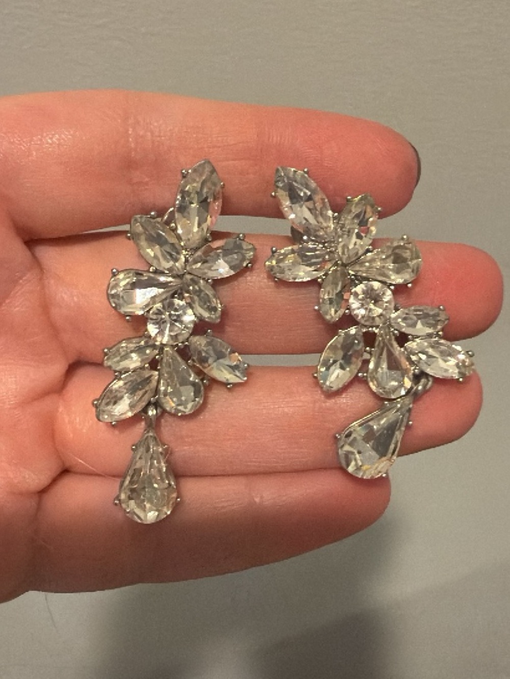 Crystal Floral Drop Earrings - Clear Silver Tone